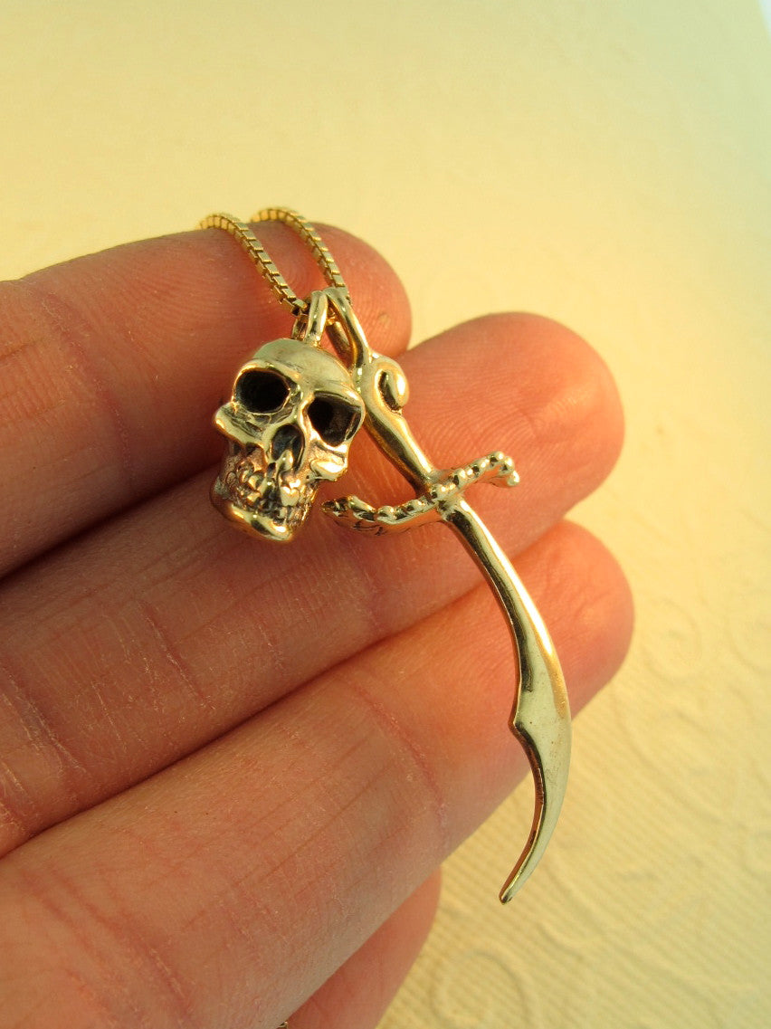 14k Gold Skull and Scimitar Pendant