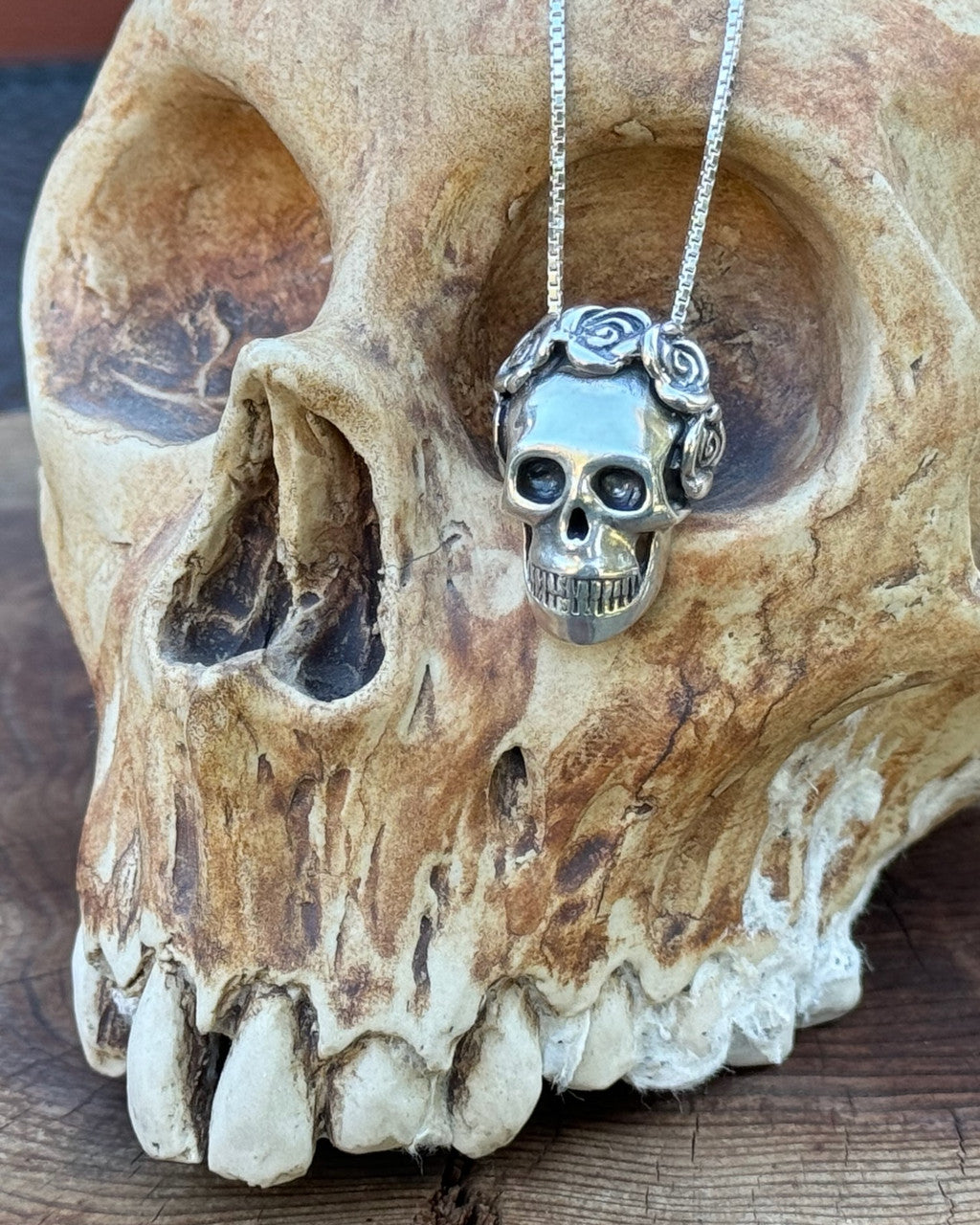 Sterling Silver Skull and Rose Pendant
