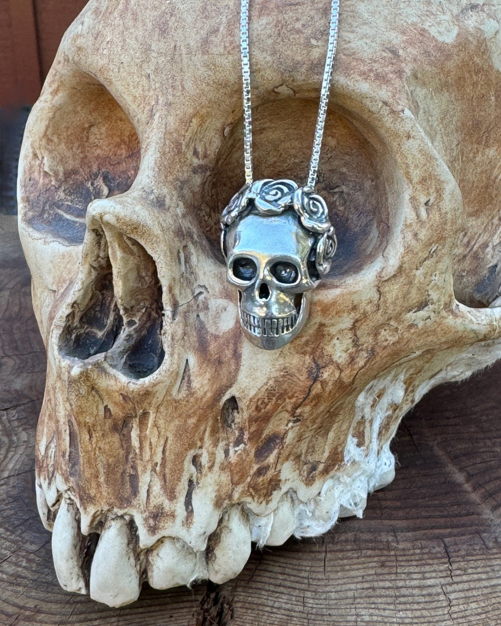 Sterling Silver Skull and Rose Pendant