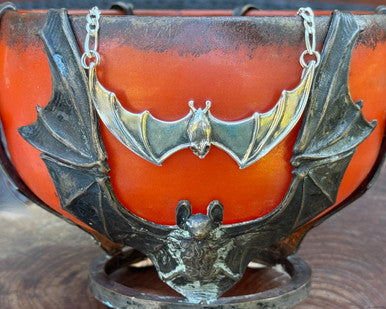 Large Spread Winged Bat Pendant - Silver