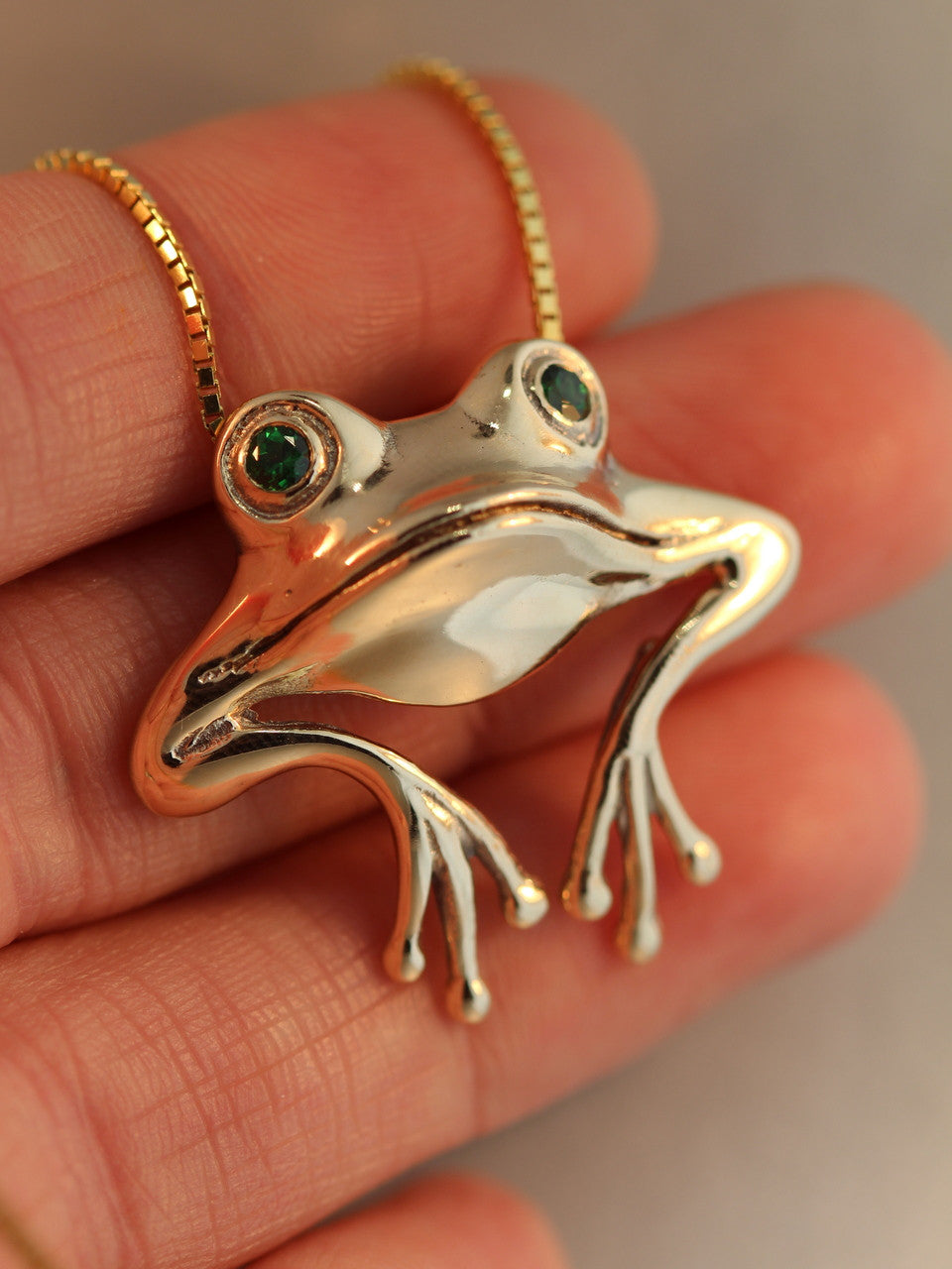 Good Luck Frog Pendant with Tsavorite Eyes  - 14k Gold