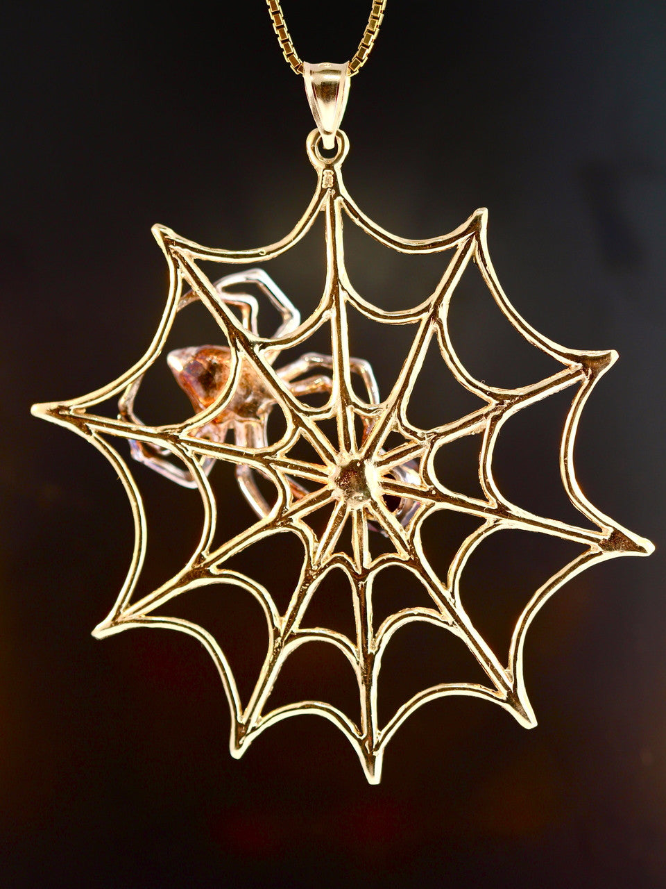 Large Gold Spider Web Pendant with Silver Spider and Garnet - Solid 14k Gold