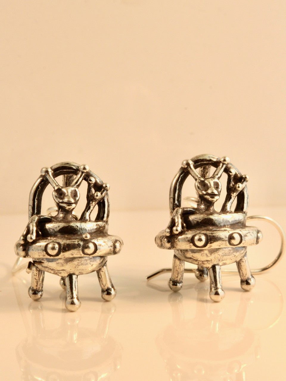 Peace Alien Flying Saucer Earrings - Silver