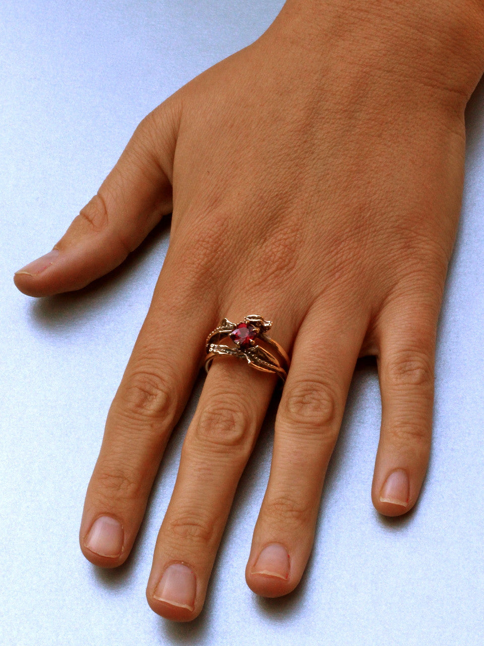 Double Dragon Eternity Ring 14k Gold with 1 ct Rhodolite Garnet