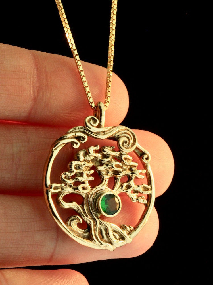 Bonsai Tree Pendant with Tsavorite - 14K Gold