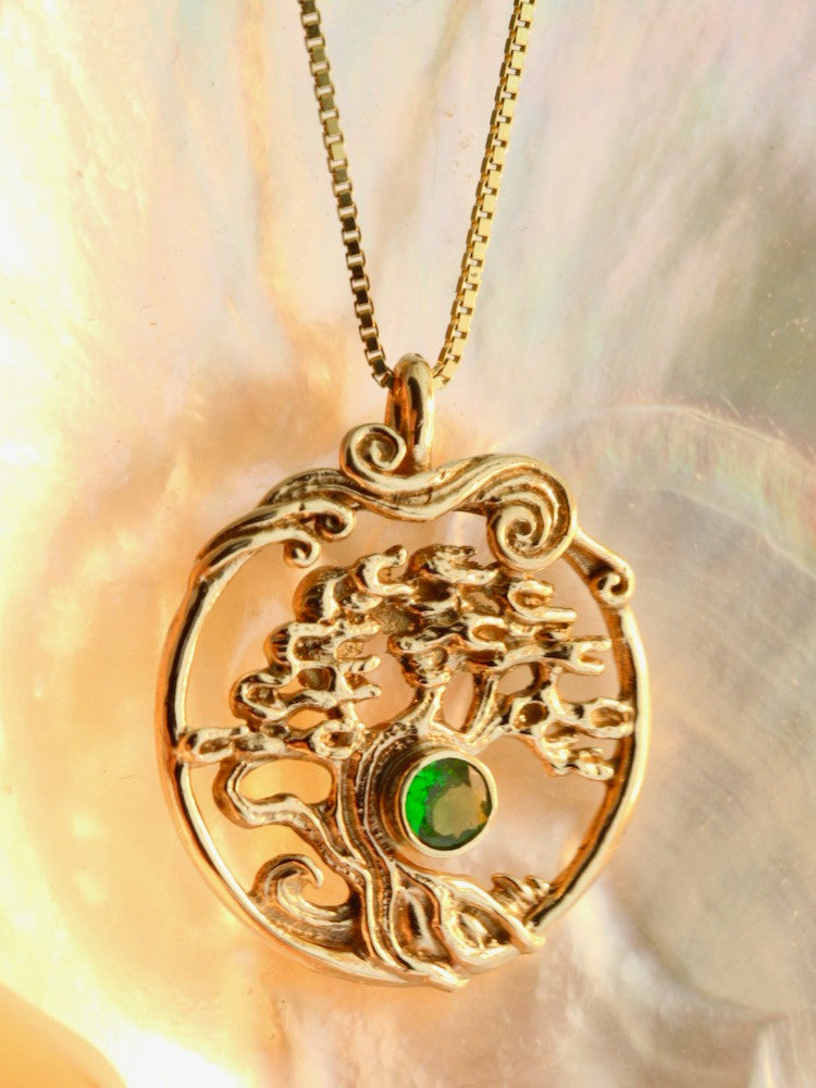 Bonsai Tree Pendant with Tsavorite - 14K Gold