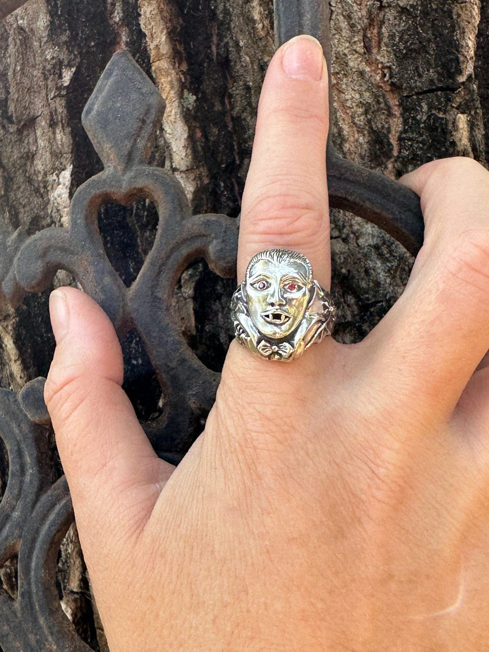 Dracula Vampire Bat Ring with Ruby Eyes - Silver