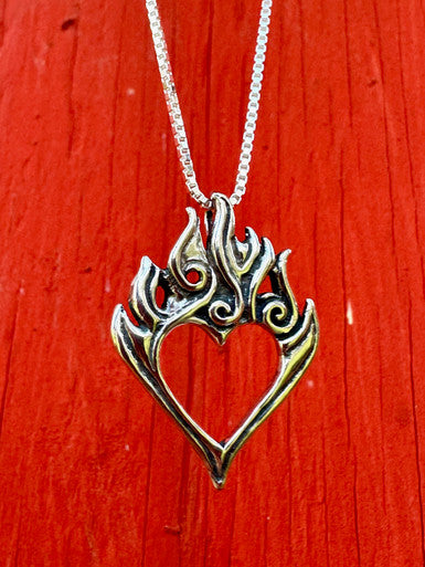 Burning Love Heart Pendant - Sterling Silver
