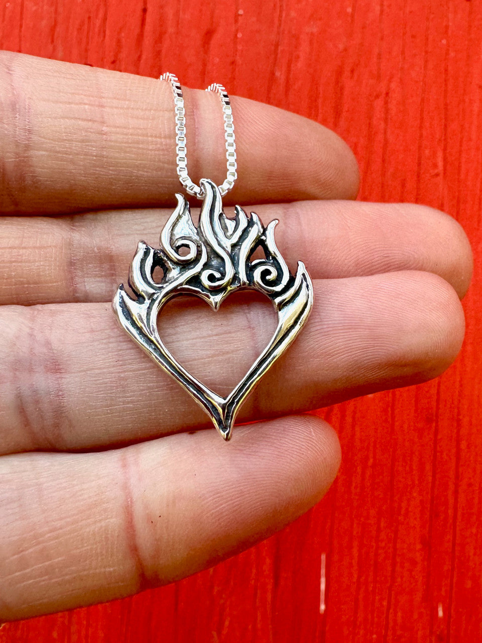 Burning Love Heart Pendant - Silver