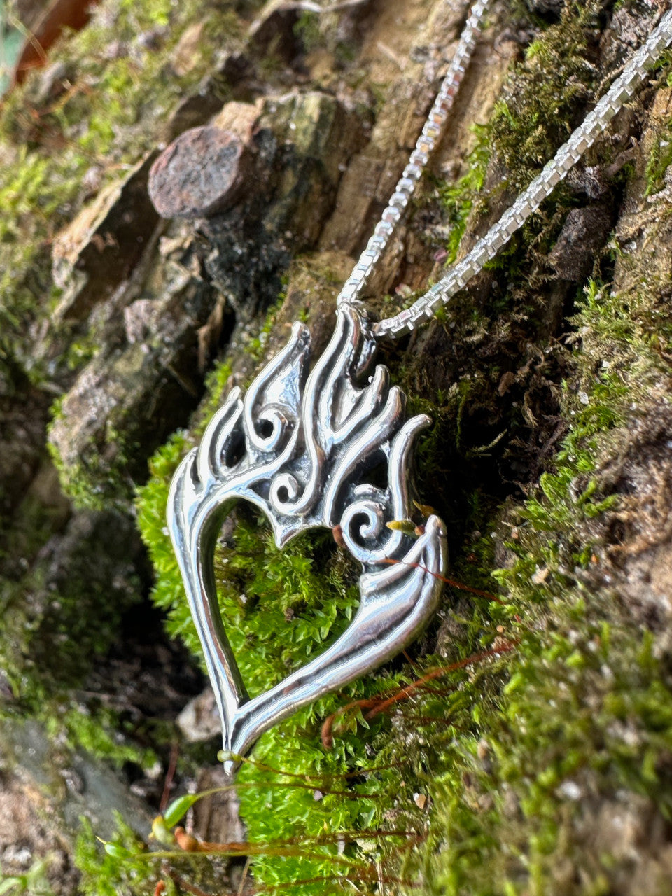 Burning Love Heart Pendant - Silver