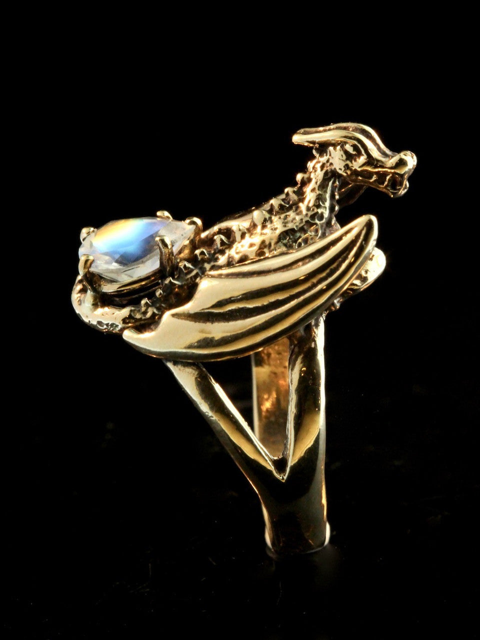 Glider Dragon Ring with Moonstone - 14K gold