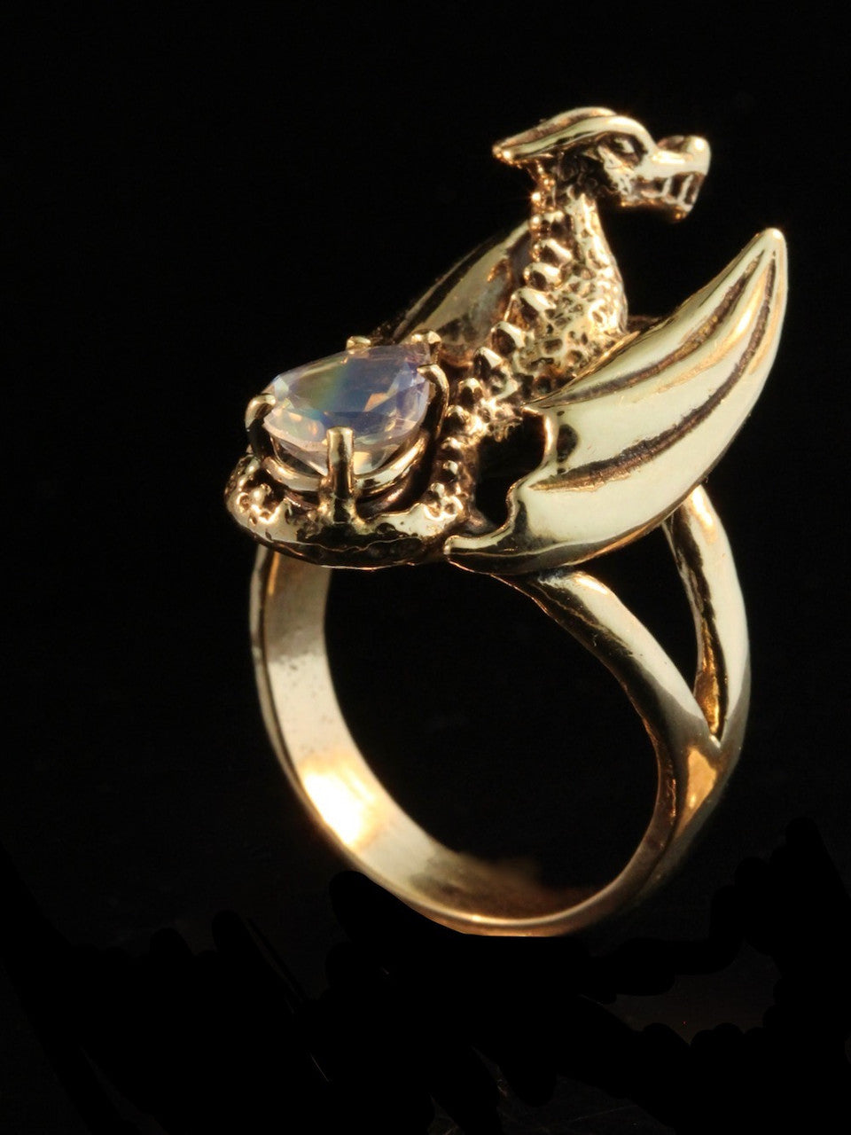 Glider Dragon Ring with Moonstone - 14K gold