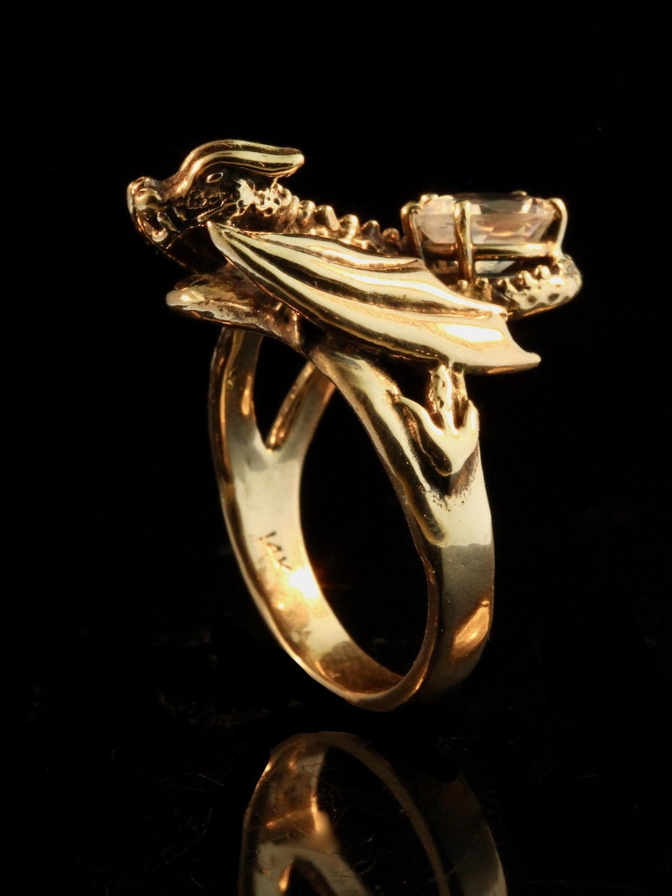 Glider Dragon Ring with Moonstone - 14K gold