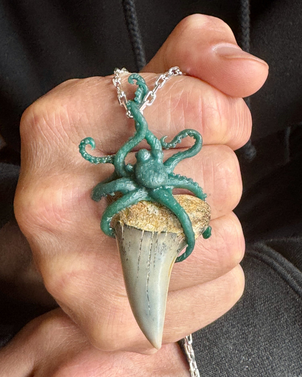 Original Wax for the Octopus Shark Tooth Pendant - Modeled on a man's hand.