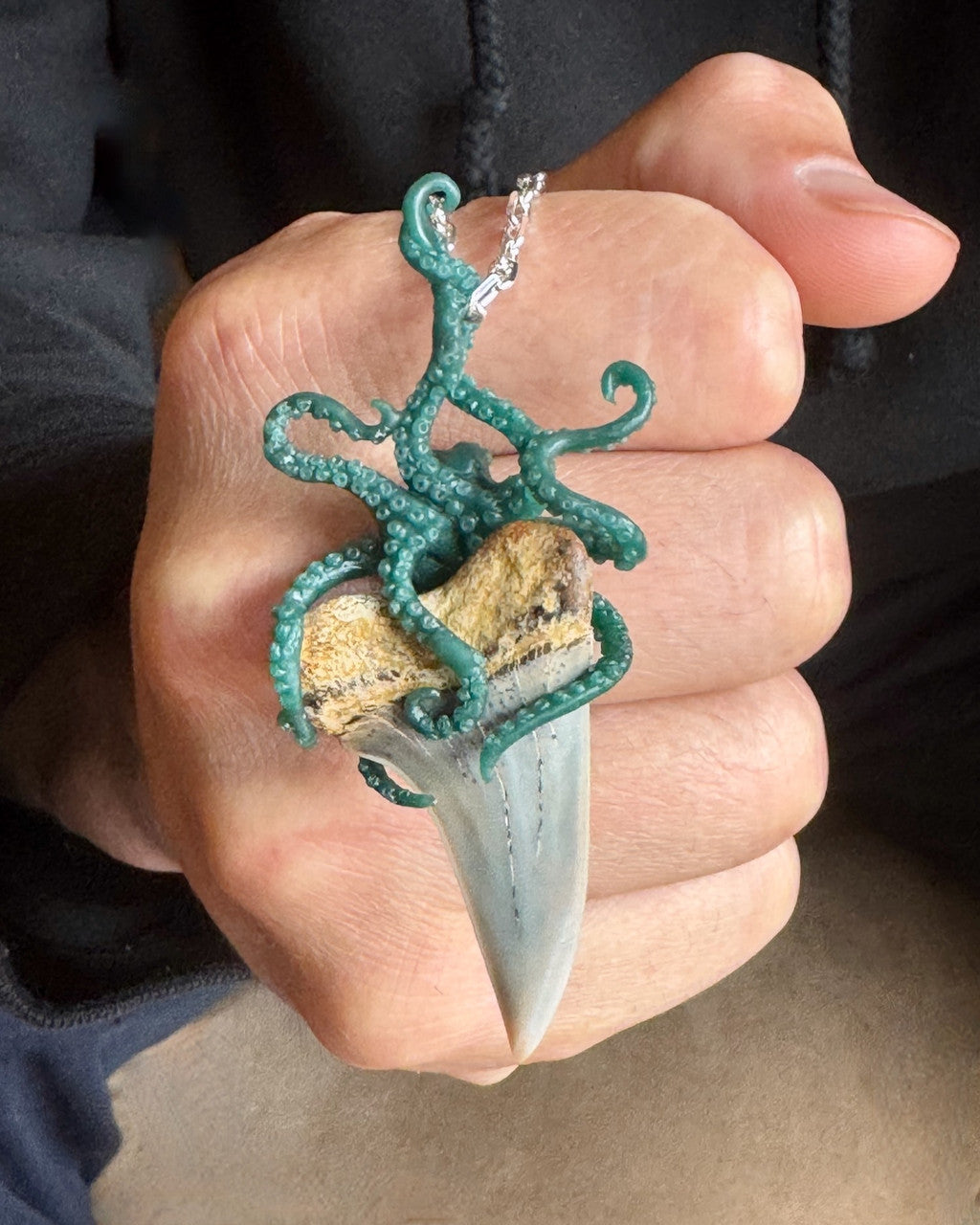 Original Wax for the Octopus Shark Tooth Pendant - Modeled on a man's hand.