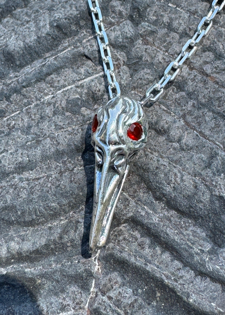 Raven Skull Pendant with Mexican Fire Opal Eyes