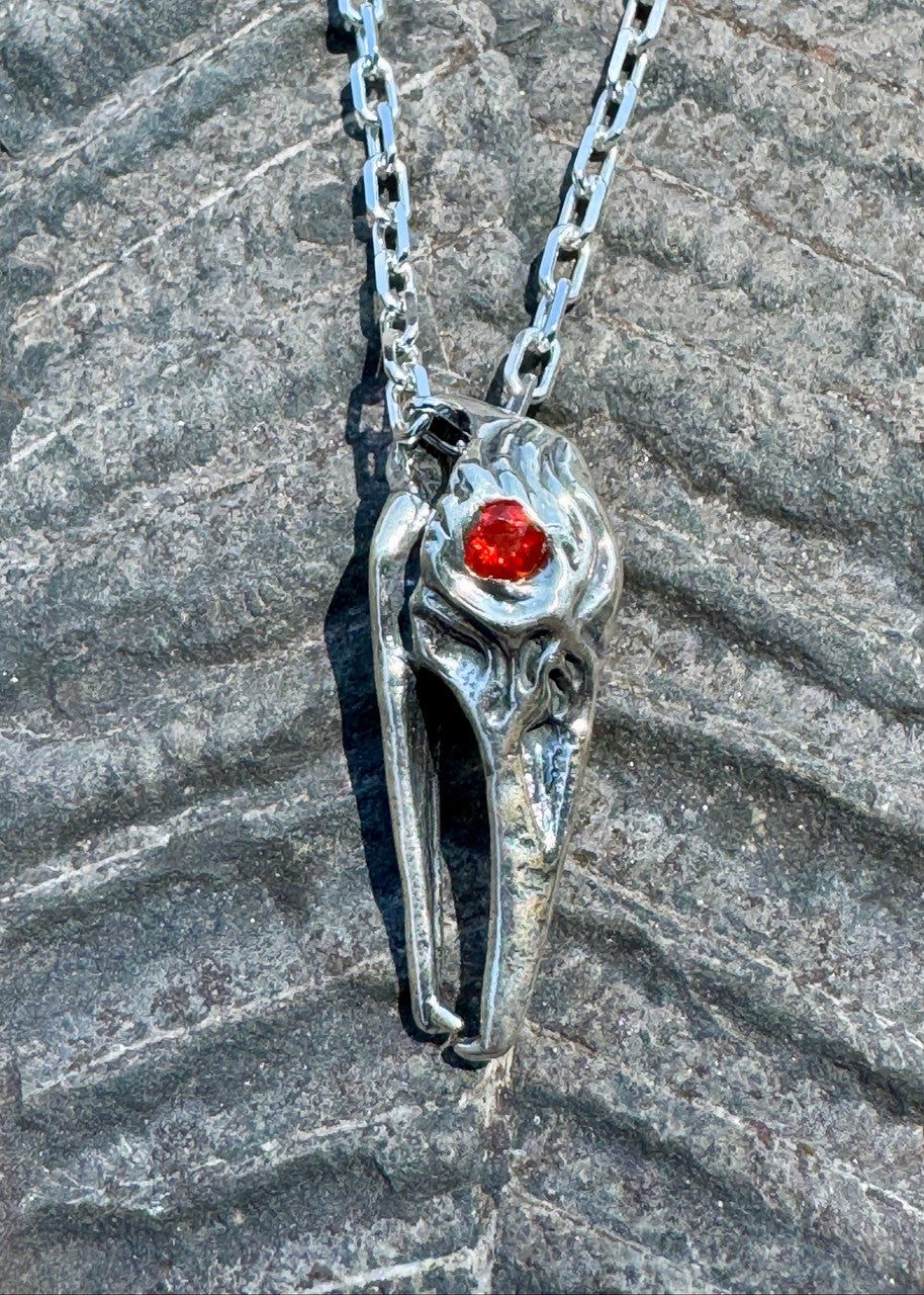Raven Skull Pendant with Mexican Fire Opal Eyes