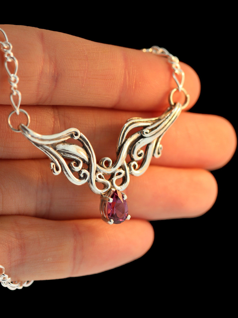 Cascade Waterfall Pendant with 6mm x 9mm Rhodolite Garnet - Silver