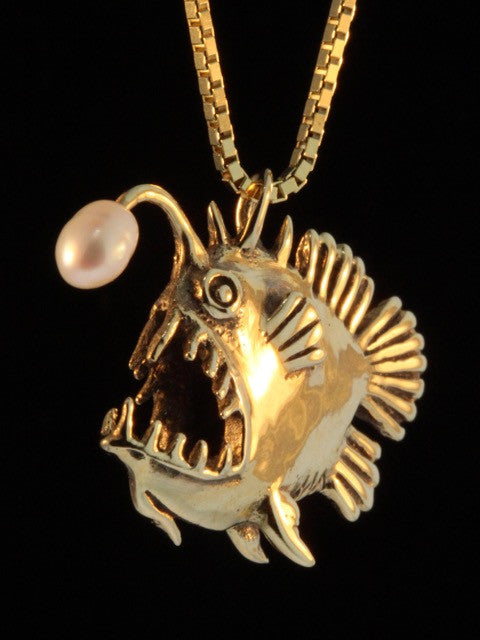Gold Angler Fish Charm with White Pearl - Solid 14k Gold