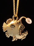 Gold Angler Fish Charm with White Pearl - Solid 14k Gold