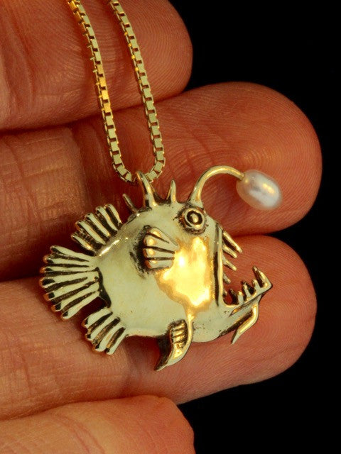 Gold Angler Fish Charm with White Pearl - Solid 14k Gold