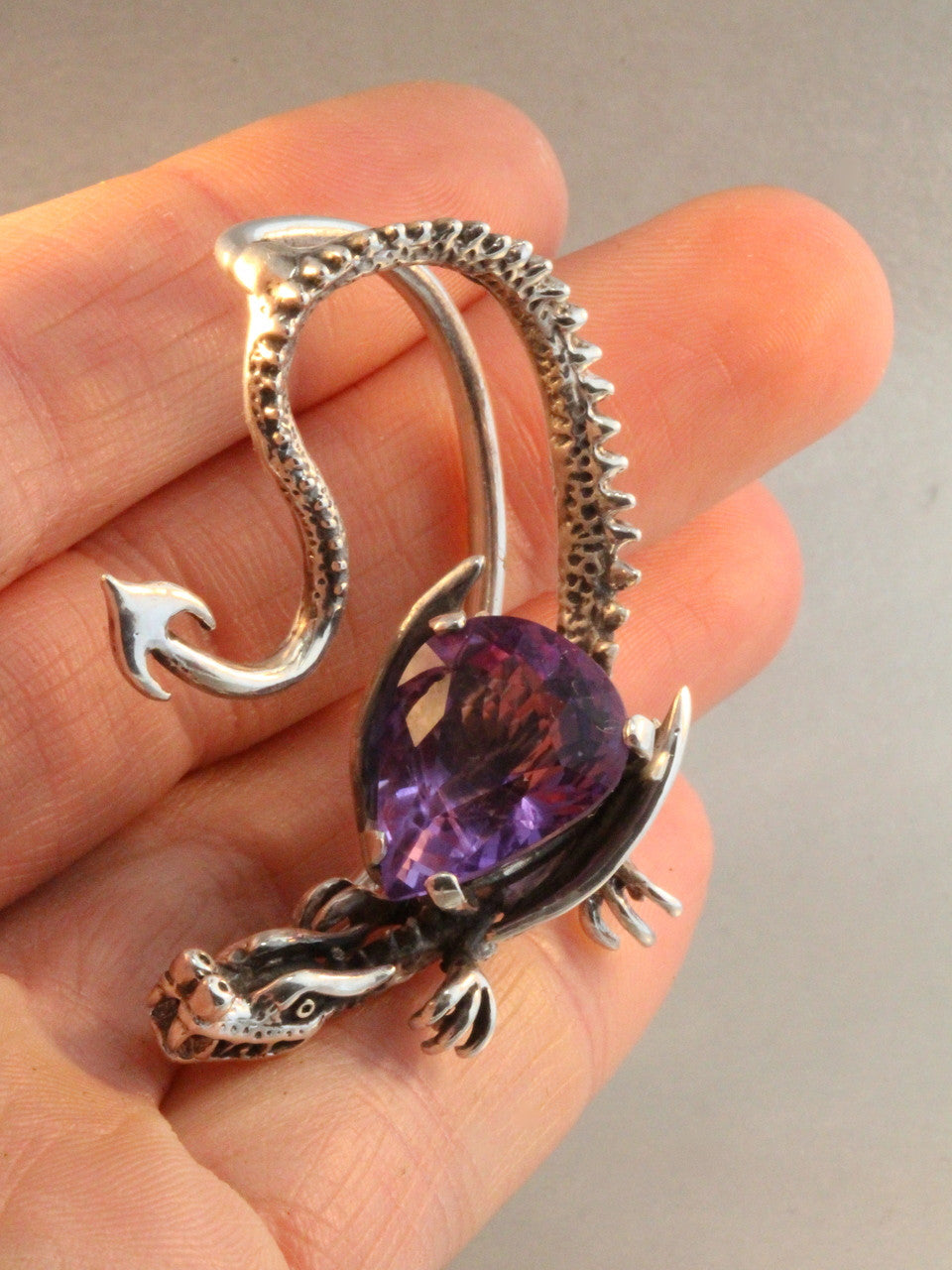 Throne Dragon Ear Wrap with Pear Shaped Amethyst - Silver