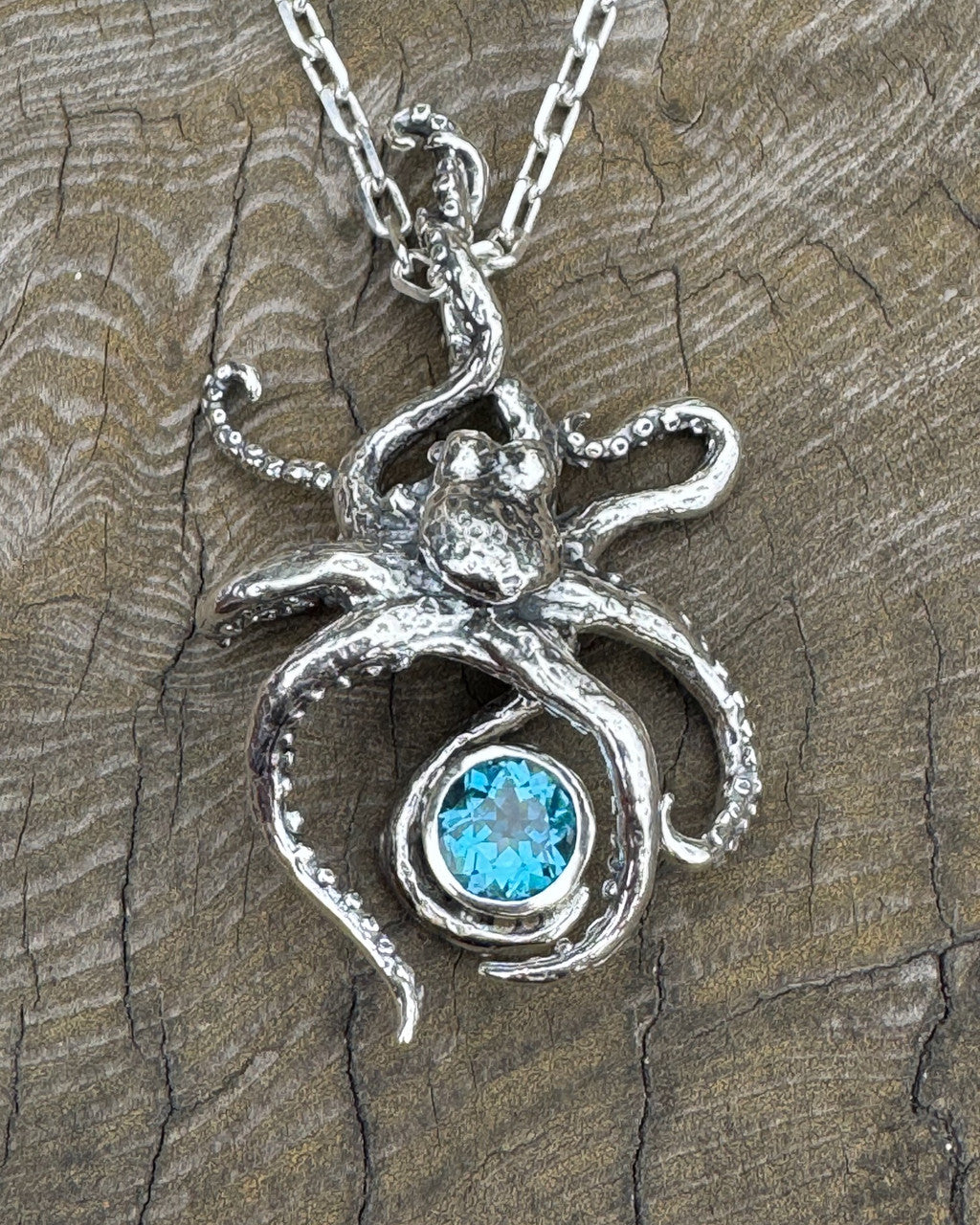 Riptide Octopus Pendant with 8mm Blue Topaz - Sterling Silver