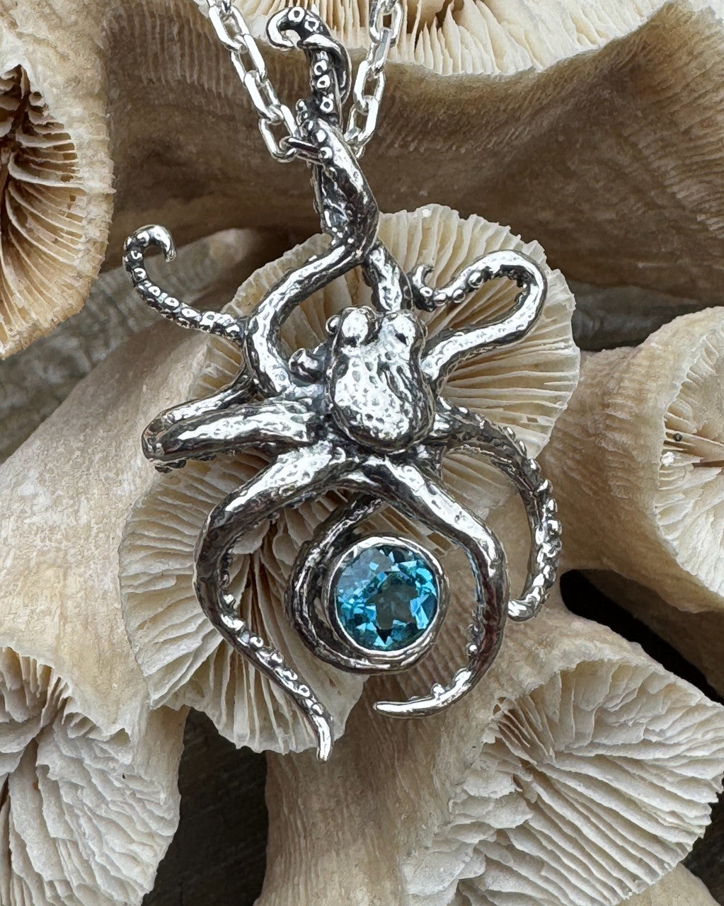Riptide Octopus Pendant with 8mm Blue Topaz -Sterling Silver