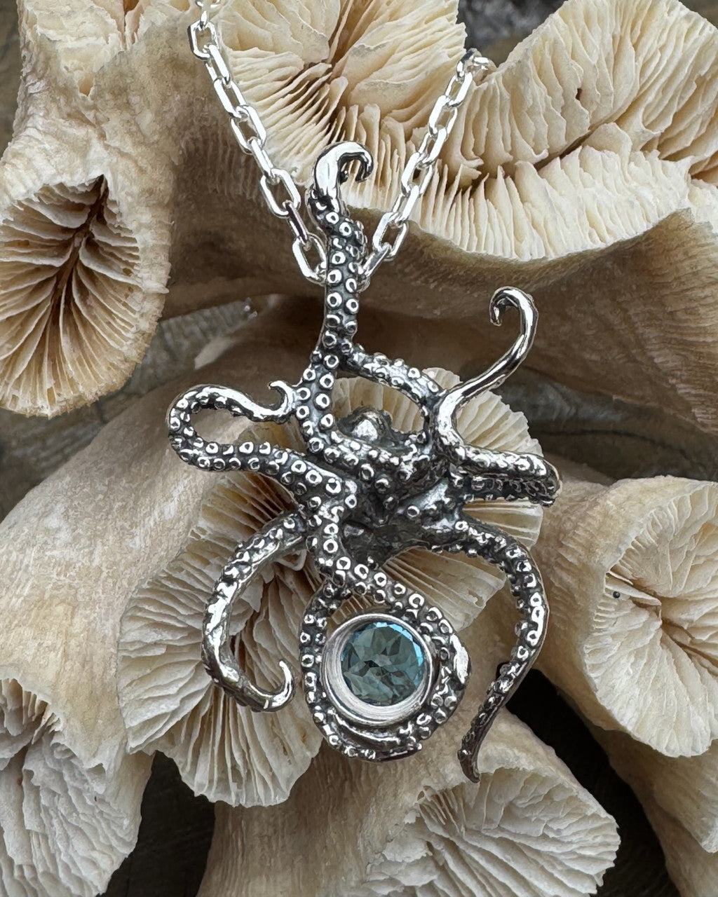 Riptide Octopus Pendant with 8mm Blue Topaz - Sterling Silver