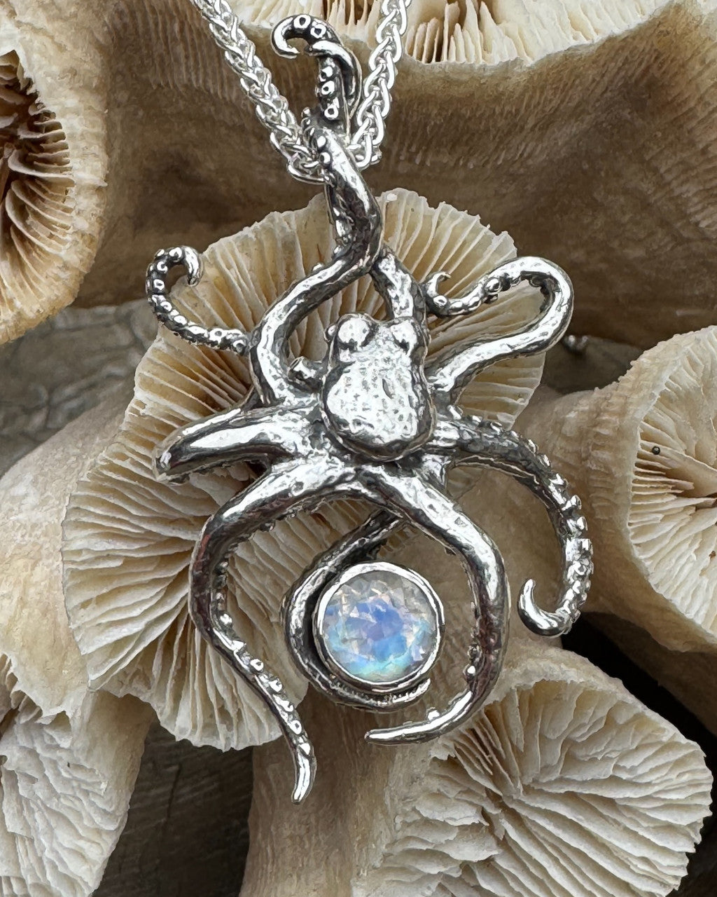 Riptide Octopus Pendant with 8mm Rainbow Moonstone - Sterling Silver
