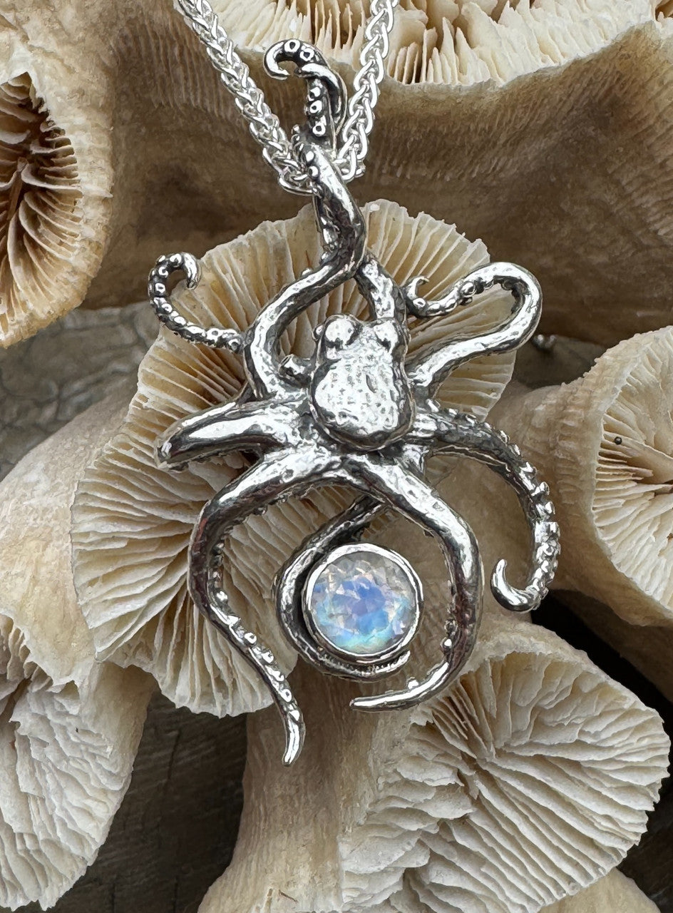 Riptide Octopus Pendant with 8mm Rainbow Moonstone - Sterling Silver