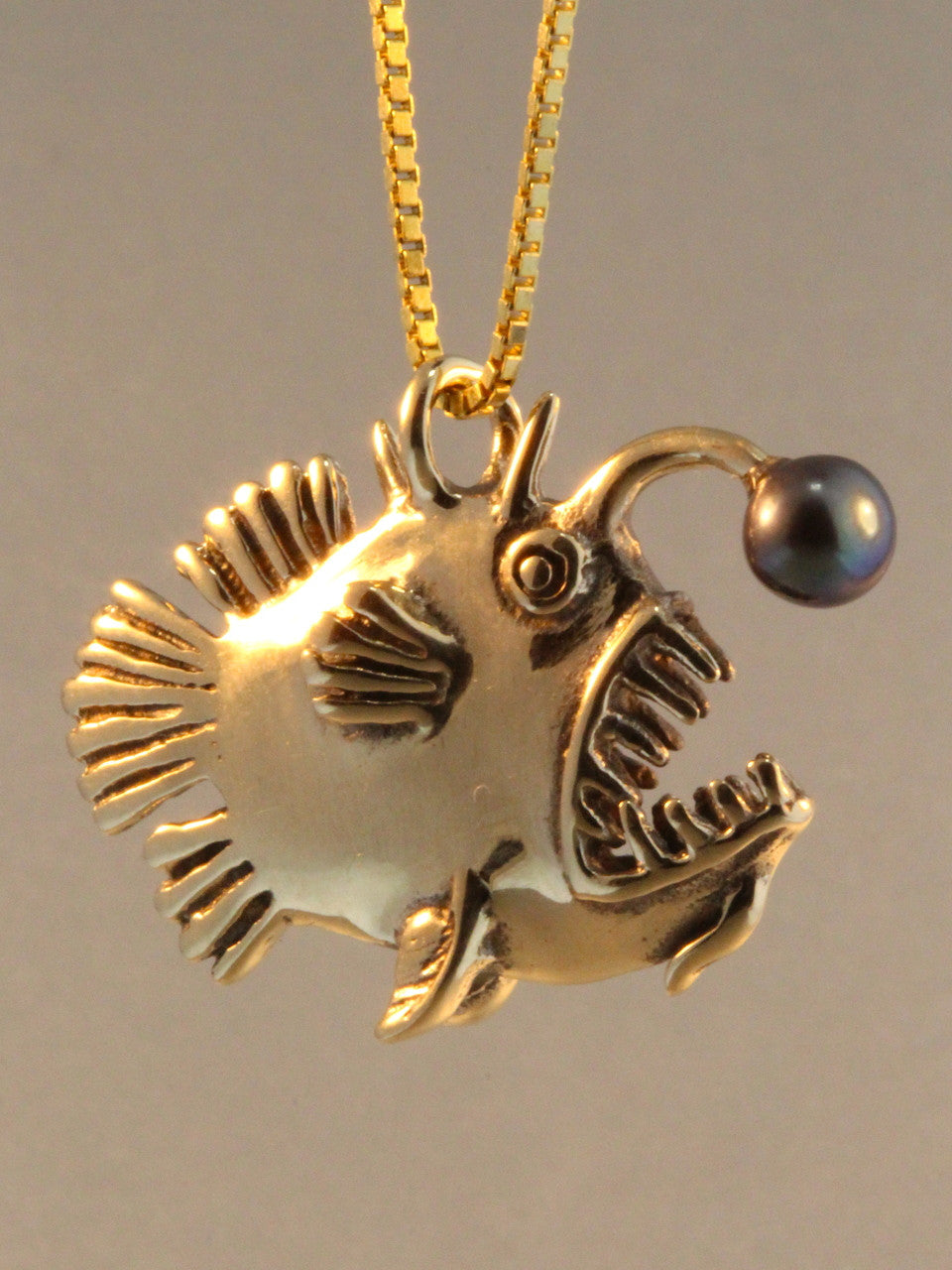 Gold Angler Fish Charm with Black Pearl - Solid 14k Gold