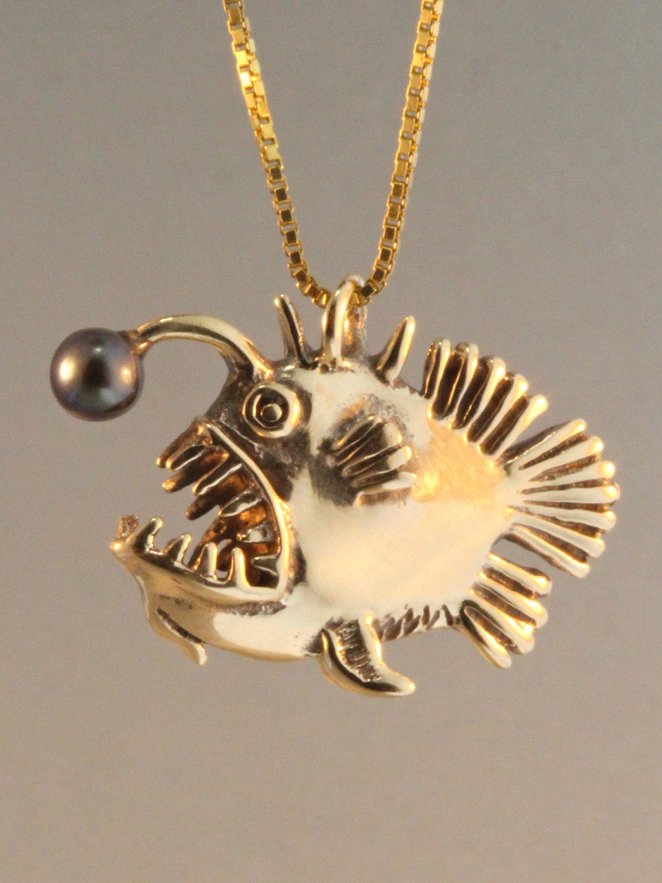 Gold Angler Fish Charm with Black Pearl - Solid 14k Gold