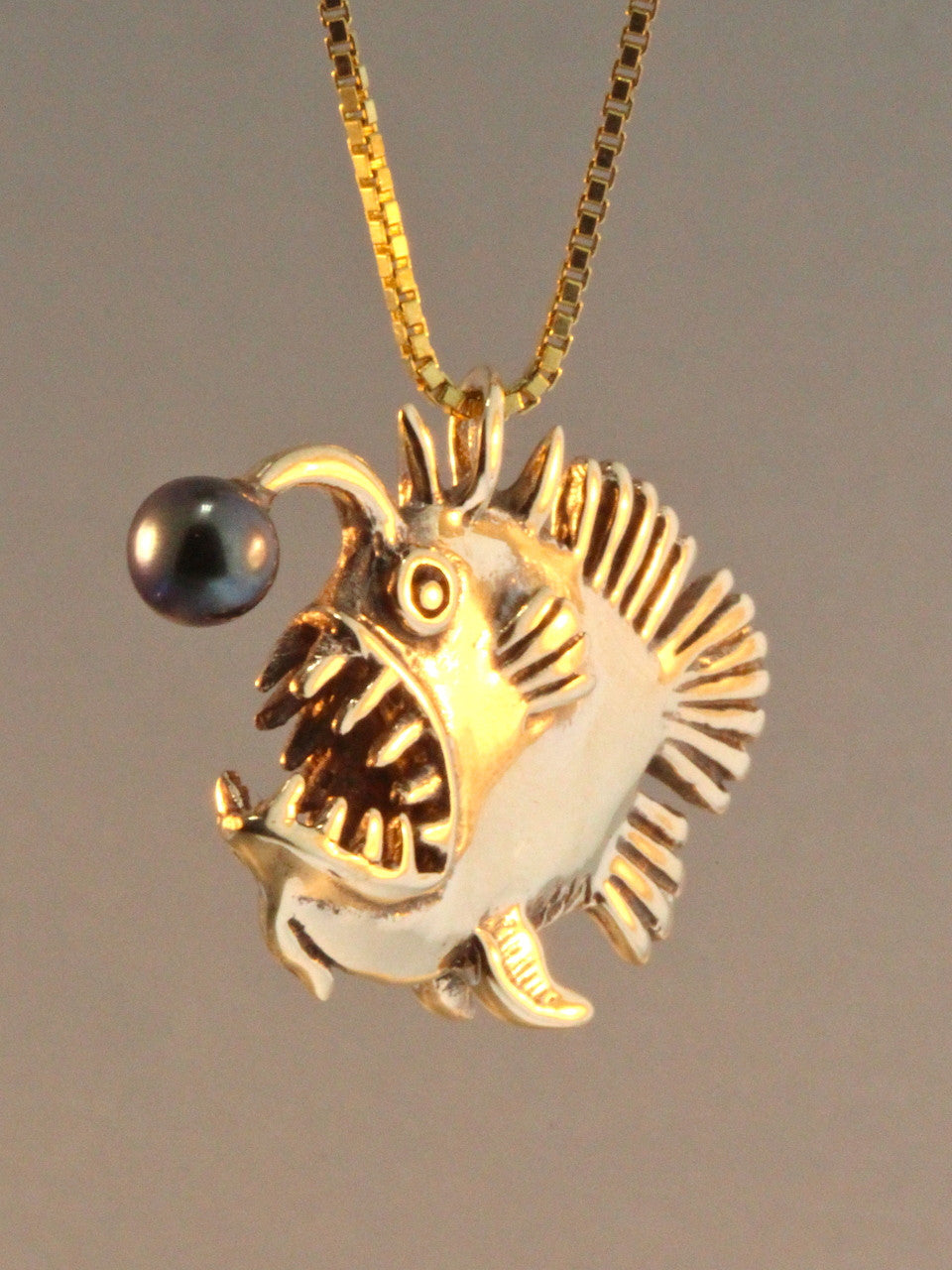 Gold Angler Fish Charm with Black Pearl - 14k Gold