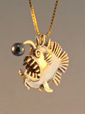 Gold Angler Fish Charm with Black Pearl - Solid 14k Gold