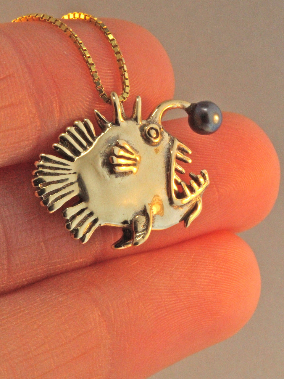 Gold Angler Fish Charm with Black Pearl - Solid 14k Gold