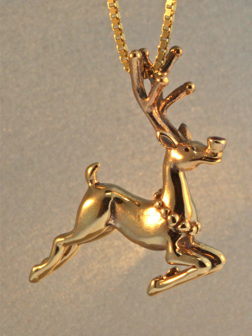 Rudolph Reindeer Charm - 14k Gold with Ruby