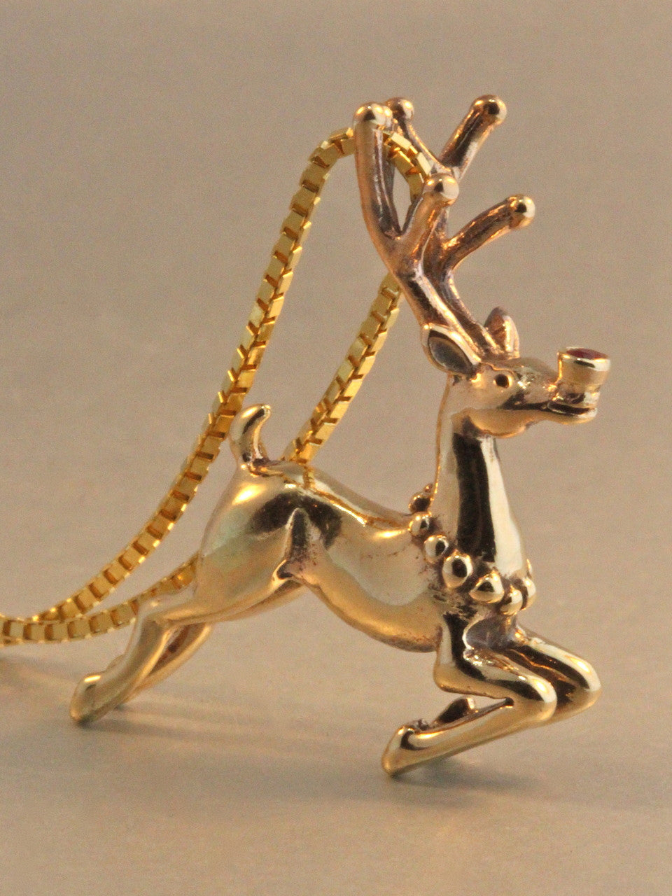 Rudolph Reindeer Charm - 14k Gold with Ruby