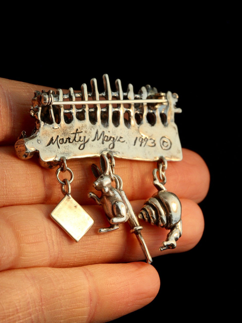 Garden Pin with Snail and Rabbit - Sterling Silver