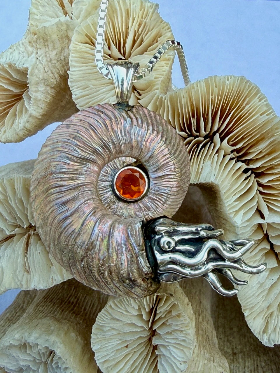 Iridescent Pyritized Ammonite fossil Necklace with Ethiopian Opal - Sterling Silver - Ammonite Nautilus Necklace - Natural Fossil Jewelry - Ocean Gift