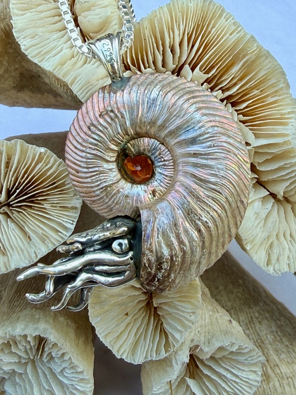Iridescent Pyritized Ammonite fossil Necklace with Ethiopian Opal - Sterling Silver - Ammonite Nautilus Necklace - Natural Fossil Jewelry - Ocean Gift