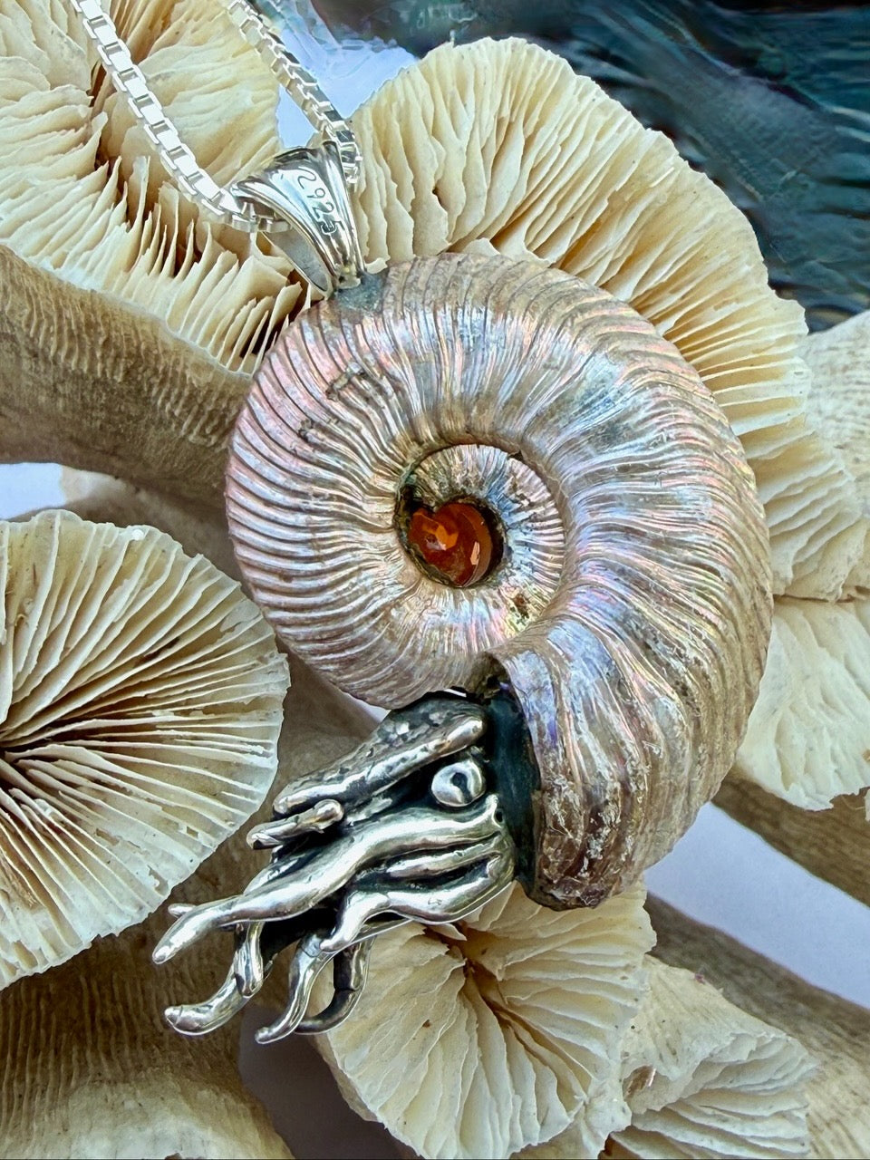 Iridescent Pyritized Ammonite fossil Necklace with Ethiopian Opal - Sterling Silver - Ammonite Nautilus Necklace - Natural Fossil Jewelry - Ocean Gift