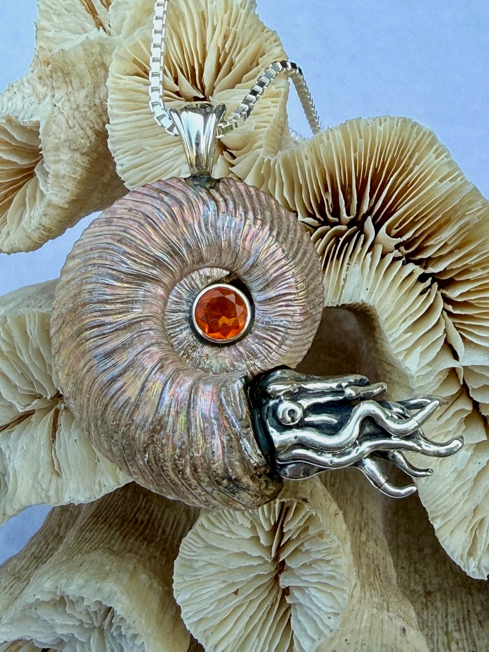 Iridescent Pyritized Ammonite fossil Necklace with Ethiopian Opal - Sterling Silver - Ammonite Nautilus Necklace - Natural Fossil Jewelry - Ocean Gift