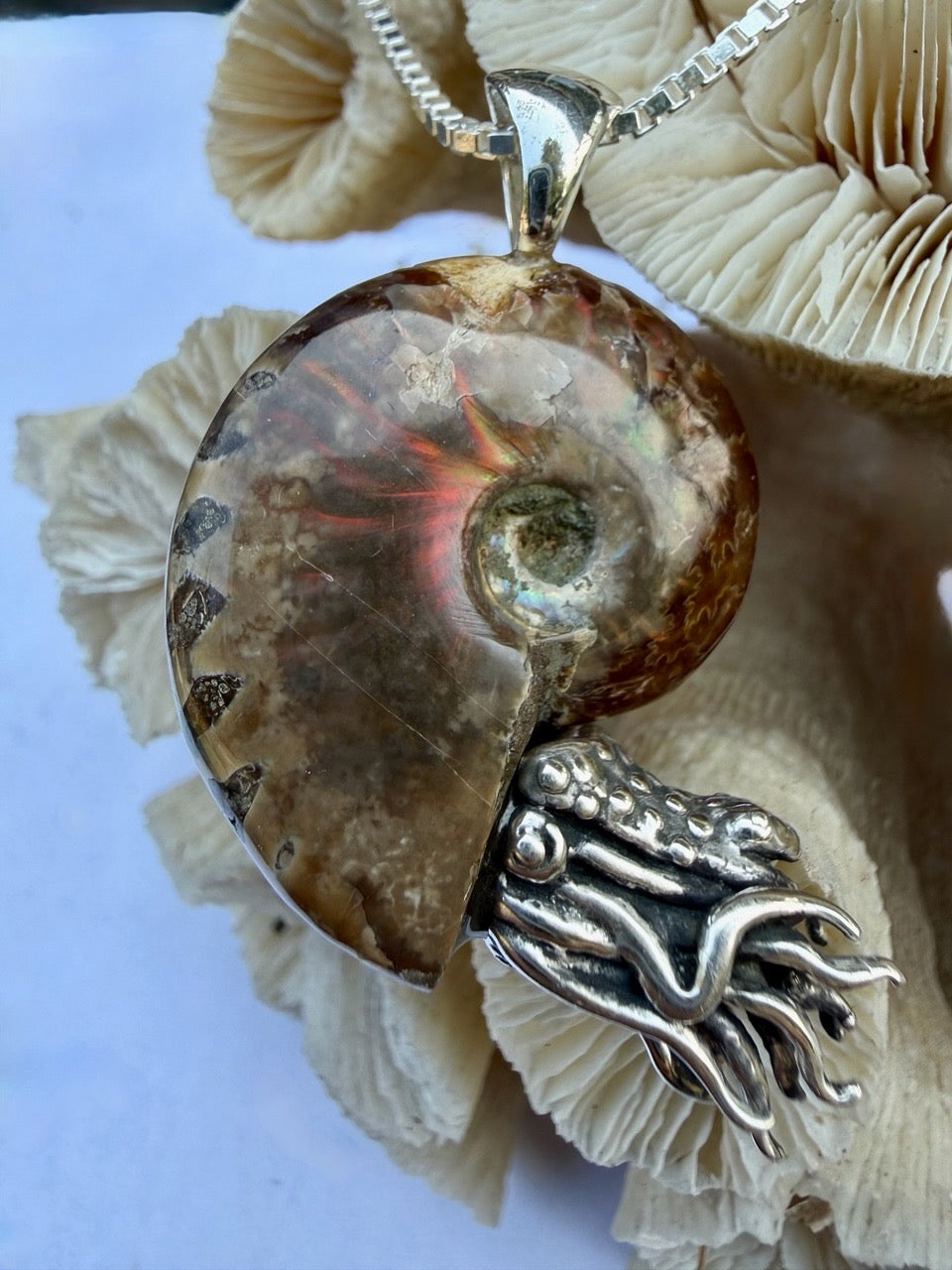 Red Flash Ammonite Nautilus Pendant - Sterling Silver
