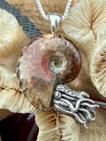 Red Flash Ammonite Nautilus Pendant - Sterling Silver