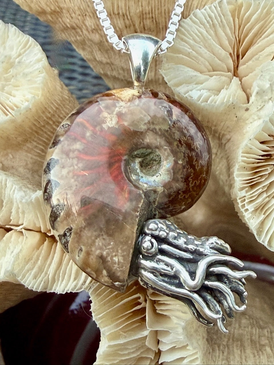 Red Flash Ammonite Nautilus Pendant - Sterling Silver