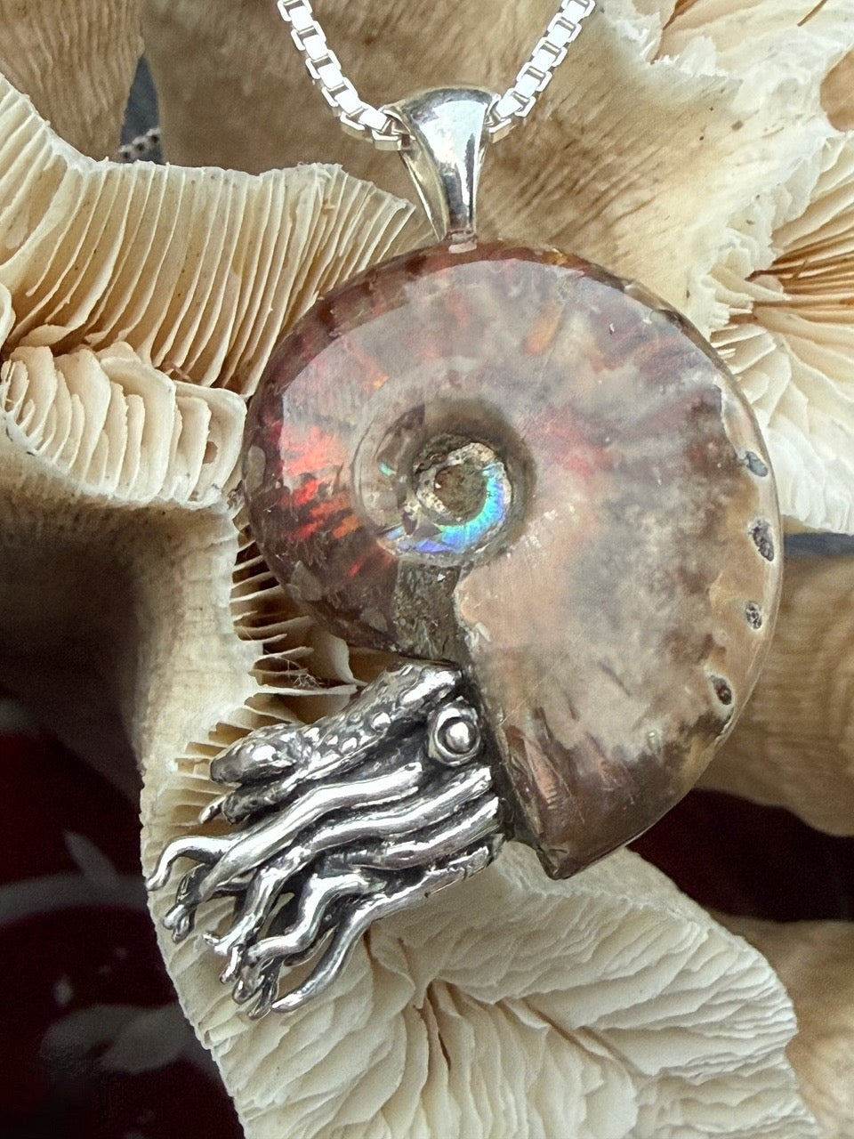 Red Flash Ammonite Nautilus Pendant - Sterling Silver