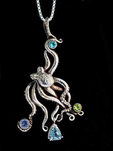 Large Octopus Pendant with Gemstones 2 - Sterling Silver