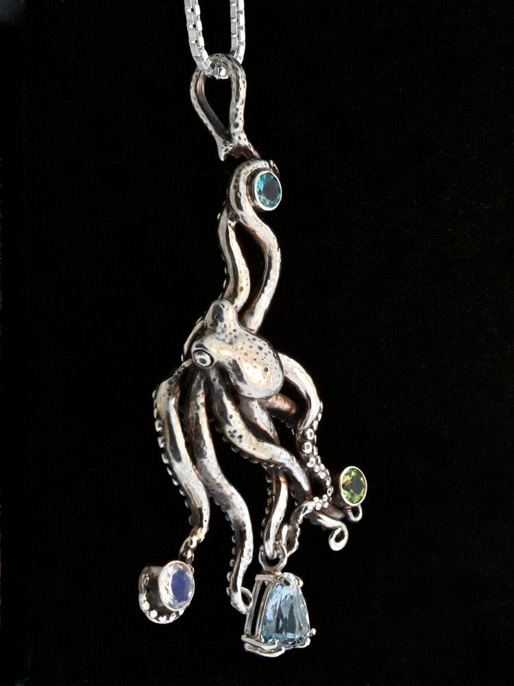 Large Octopus Pendant with Gemstones 2 - Sterling Silver