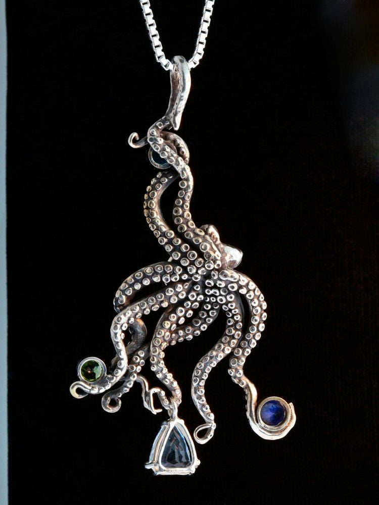 Large Octopus Pendant with Gemstones 2 - Sterling Silver
